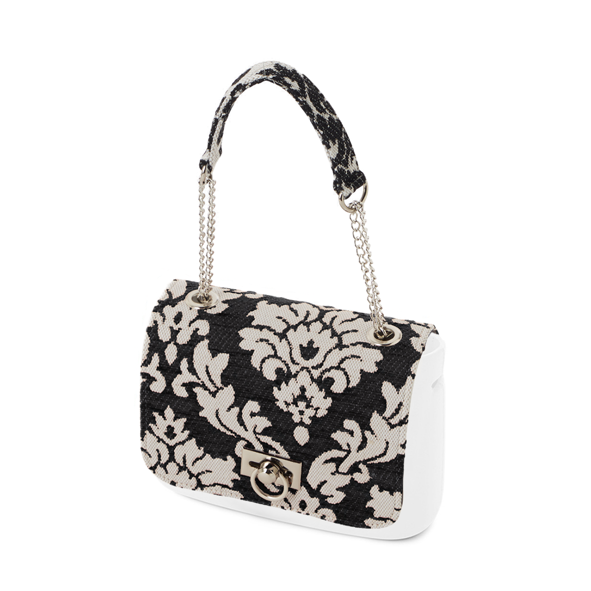 Klapka O bag pocket Con tracolla catena spallaccio largo tessuto damascato ciniglia Nero