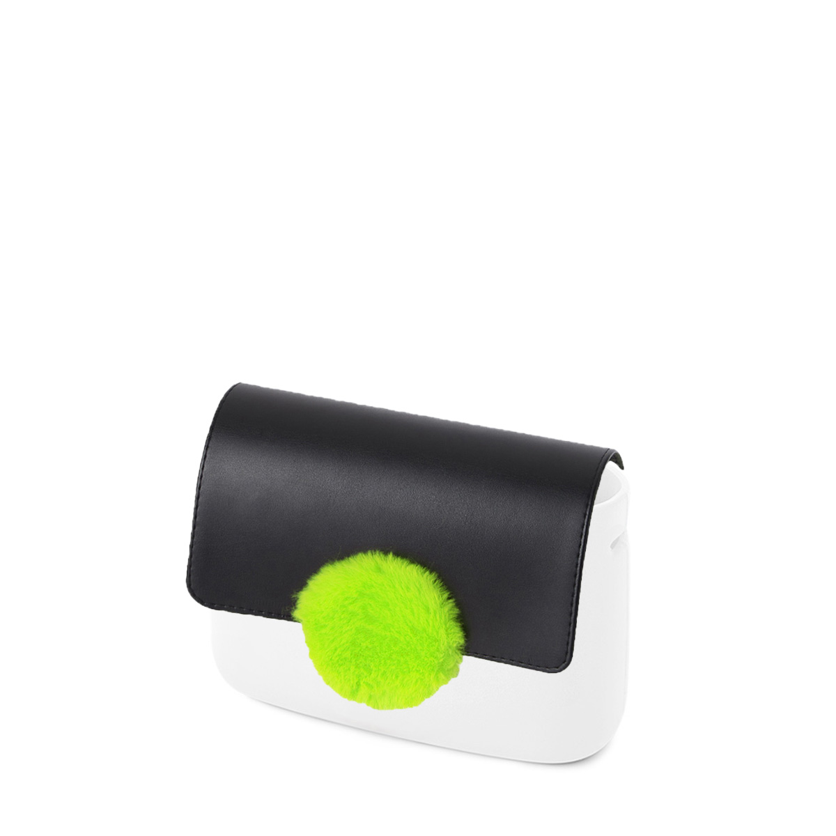 Klapka O bag pocket Simil pelle nappa cerchio in contrasto ecopelliccia Nero fluo lime